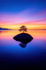 Poster - Solitary tree on a small island at sunset, reflecting in calm water, vibrant colors of pink, orange, and blue sky, tranquil scene. : Generative AI
