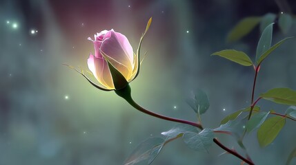 Poster - A single, pink rosebud gracefully unfolds, its petals softly illuminated, showcasing delicate yellow undertones against a dreamy, teal backdrop speckled with ethereal light. : Generative AI