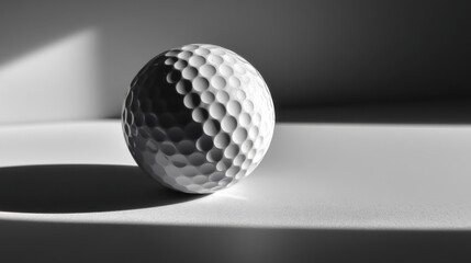 Poster - A single golf ball rests on a minimalist white surface, dramatically lit by a shaft of sunlight casting a strong shadow. : Generative AI