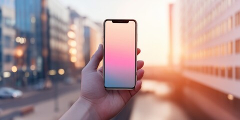 Poster - Person holding smartphone with pink and blue gradient screen, city buildings blurred background, sunset light. : Generative AI