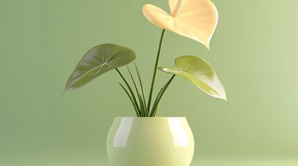 Poster - Elegant pale yellow anthurium flower in a light green ceramic pot, minimalist botanical still life against a muted green backdrop.  Perfect for home decor or spa themes. : Generative AI