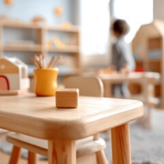 Poster - Wooden block on a small child's table in a brightly lit playroom, with a blurred background of other children's toys and a child playing. : Generative AI
