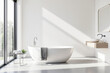 © VideoFlow - Sleek modern bathroom with white freestanding bathtub, wood vanity and round mirror in minimal style, bright interior architecture, sunlight background. Ai generative