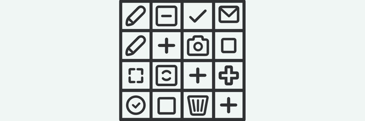 Vector grid of functional UI icons – Perfect for digital design kits, app development, or modern web interfaces