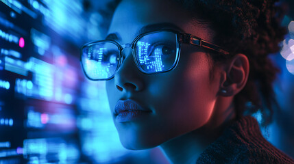 Programming, ai code and woman with focus, hologram and digital software with cyber security, futuristic and website development. Female, coder or trader with data analysis and security at night