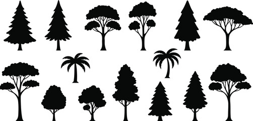 Essential Tree Silhouette Vector Set with Pure Black Outlines and Simplified Tree Canopy Shapes for Modern Graphic Design Use
