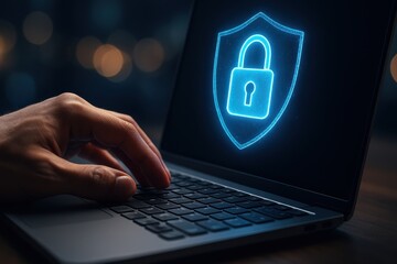 cyber security: a detailed shot of a hand typing on a laptop, the screen illuminated by a glowing sh