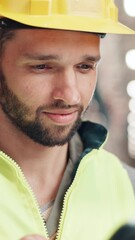 Poster - Man, tablet and scroll at warehouse for distribution, schedule and inventory management at plant. Person, digital touchscreen and application with typing, smile and logistics for supply chain job