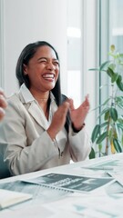 Poster - Business people, fist bump and applause in meeting for teamwork, success or promotion in office. Group, employees and hands together with clapping for achievement, winning project and goals proposal