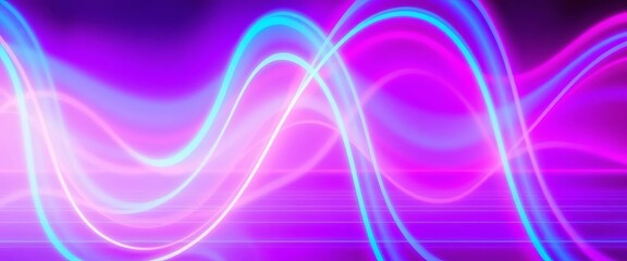 Wall Mural - Abstract horizontal neon wave multiple exposure, pink blue gradient, copy space, graphic, wave
