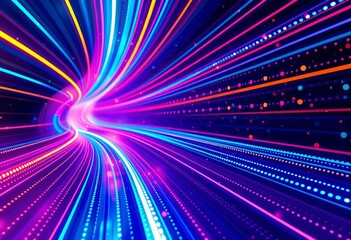 Wall Mural - Abstract glowing lines, futuristic perspective, elegant light trails, dynamic dots, galaxy, colorful