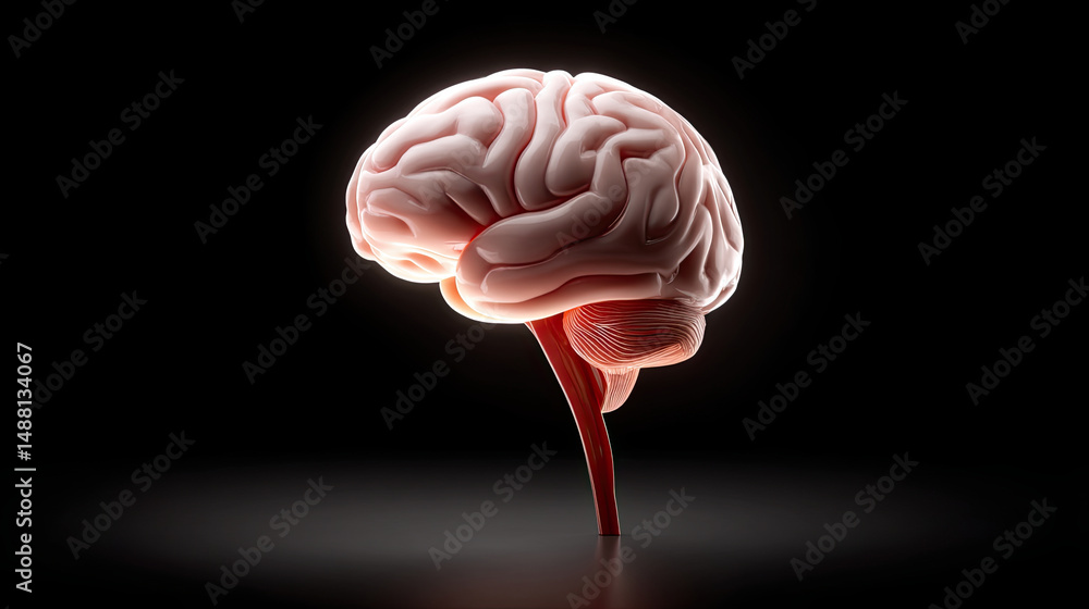 Human brain anatomy with cerebellum and brainstem isolated on black ...