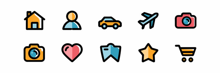 Simple flat vector icons of travel, shopping, and lifestyle – Great for digital interfaces, tourism design, or mobile app development