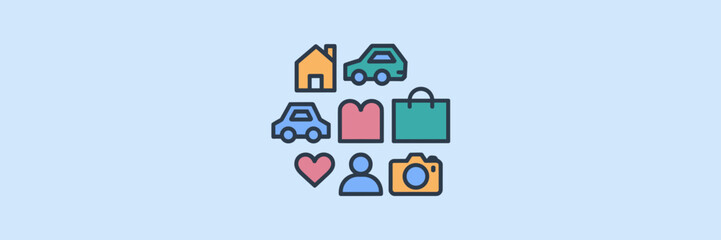 Simple vector icons of house, car, shopping bag, heart, user, and camera in circular layout – Ideal for interface design, web development, or branding elements