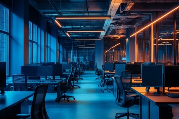 modern open-plan office interior at night with moody lighting, wooden desks, and minimalist design i