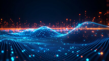 Poster - A D financial line graph with smooth, curving lines connecting glowing points, showing a steady upward trend against a dark digital landscape