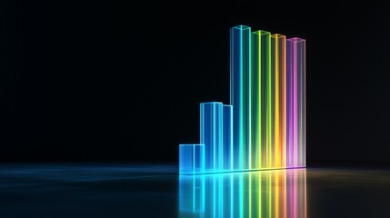Poster - A futuristic bar graph with transparent bars glowing in shades of blue and green, hovering above a reflective surface, symbolizing financial trends