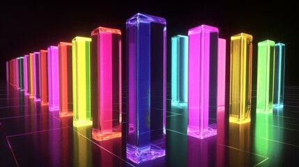 Poster - A row of vibrant, glass-like bars in a financial bar chart, with each bar glowing softly against a sleek, dark grid background, representing economic growth