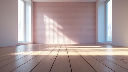 Canvas Print - wooden floor devoid of furniture beside a pastel pink brick wall