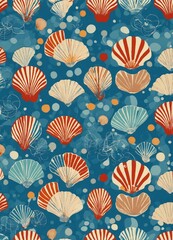 Naklejka na meble Buntes nahtloses Muster mit Muscheln auf blauem Hintergrund. Perfekt für Stranddesigns, Stoffe oder maritimes Scrapbooking.