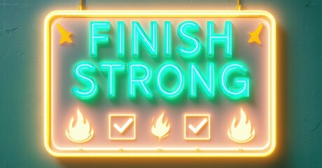 Poster - Bright neon sign displays motivational message. Stars, flames, checkmarks accent text finish strong. Vivid turquoise, yellow hues dominate image.