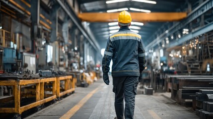 Wall Mural - Industrial Engineer in Hard Hat Wearing Safety Jacket Walks Through Heavy Industry Manufacturing Factory with Various Metalworking Processes