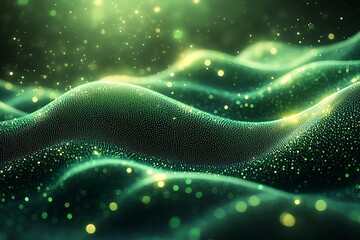 Wall Mural - Abstract green wavy background with sparkling particles and bokeh effects for modern designs