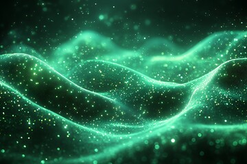 Wall Mural - Abstract glowing emerald waves with sparkling bokeh particles illustrating energy and fluidity