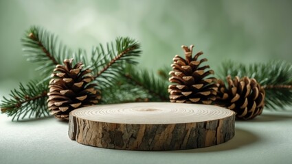 Leinwandbilder - Wooden platform featuring spruce branches and cones in the backdrop. Concept scene for stage display, product promotion, sales, presentation, and beauty cosmetics. Unoccupied wooden display in the