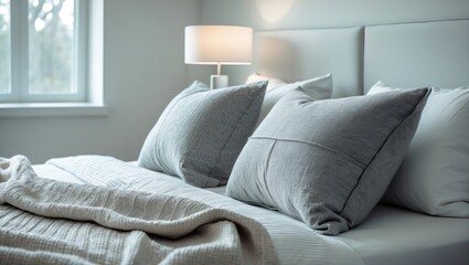 Fototapete - Comfortable bed with light gray cushions in a contemporary interior ambiance