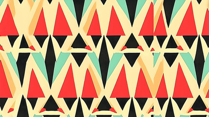 Wall Mural - abstract geometric pattern, triangles, red, beige, teal, black, seamless repeat, textile design