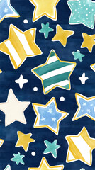 Wall Mural - Colorful star pattern, whimsical design, dark blue background, perfect for textile prints or digital wallpapers