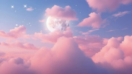 Wall Mural - dreamy, pastel-colored clouds with a full moon, viewed from a low angle. the video evokes a serene, 