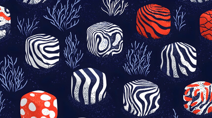 Wall Mural - Abstract geometric cubes pattern on dark background with stylized coral. Ideal for textile prints or website backgrounds