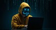 © CahyaSeptia - Hacker Wearing Mask Typing on Laptop with Matrix Digital Background