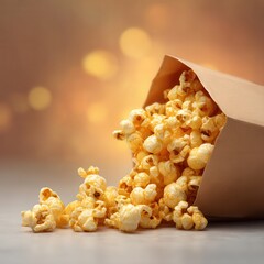 Fototapete - A paper bag spilling with crunchy popcorn against a warm, bokeh background, perfect for a movie night treat. Ready to eat snack.