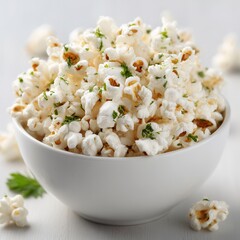 Poster - A white bowl overflows with light, airy popcorn, accented with fresh green herbs, creating a visually appealing and flavorful snack.