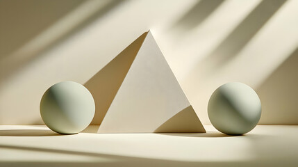 Wall Mural - Minimalist eggs and pyramid in sunlit studio. Product display, website banner