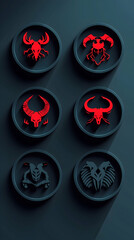 Wall Mural - Six stylized animal skull icons on dark background; app interface design