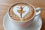 Una taza de café con arte latte de una bailarina sobre un plato blanco, sobre una superficie de madera.