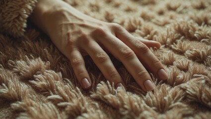 Poster - Close-up of hand feeling soft carpet.