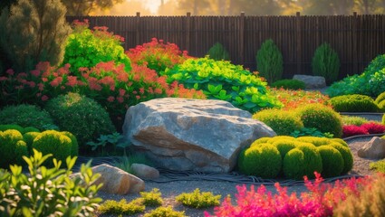 Aufkleber - A Stunningly Crafted Garden Showcasing Rock Features and Vibrant Shrubs and Blooms