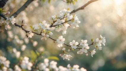 Poster - Cherry blossoms under sunny skies, floral branch of a flowering tree, blurred natural backdrop