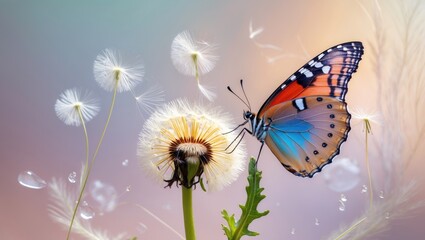 Aufkleber - Calm pastel scenery. Butterfly and dandelion. Flower seeds resting in water drops on a background.