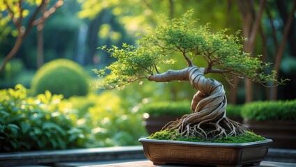 Poster - A stunning bonsai tree showcasing a twisted trunk within a pot, surrounded by flourishing plants.