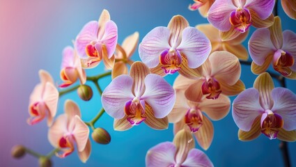 Aufkleber - Beautiful tropical orchid design with a pastel color palette including pink, blue, and peach, set against a floral background with soft lighting