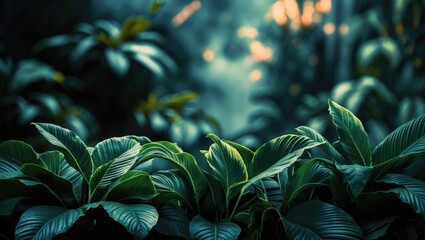 Aufkleber - Tropical dark tone close-up with green leaf textures and an abstract background.