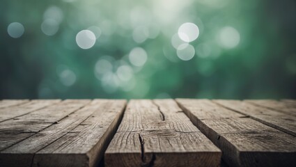 Leinwandbilder - Rustic wooden surface with bokeh and green grass backdrop for product presentation