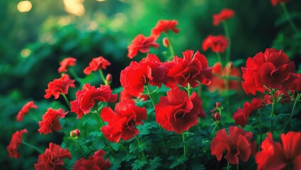 Poster - Vibrant red petals sway softly in the wind, highlighting their allure in a tranquil garden environment.