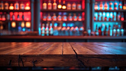 Poster - Modern wooden table at a restaurant or cafe with empty space for food and drink display
